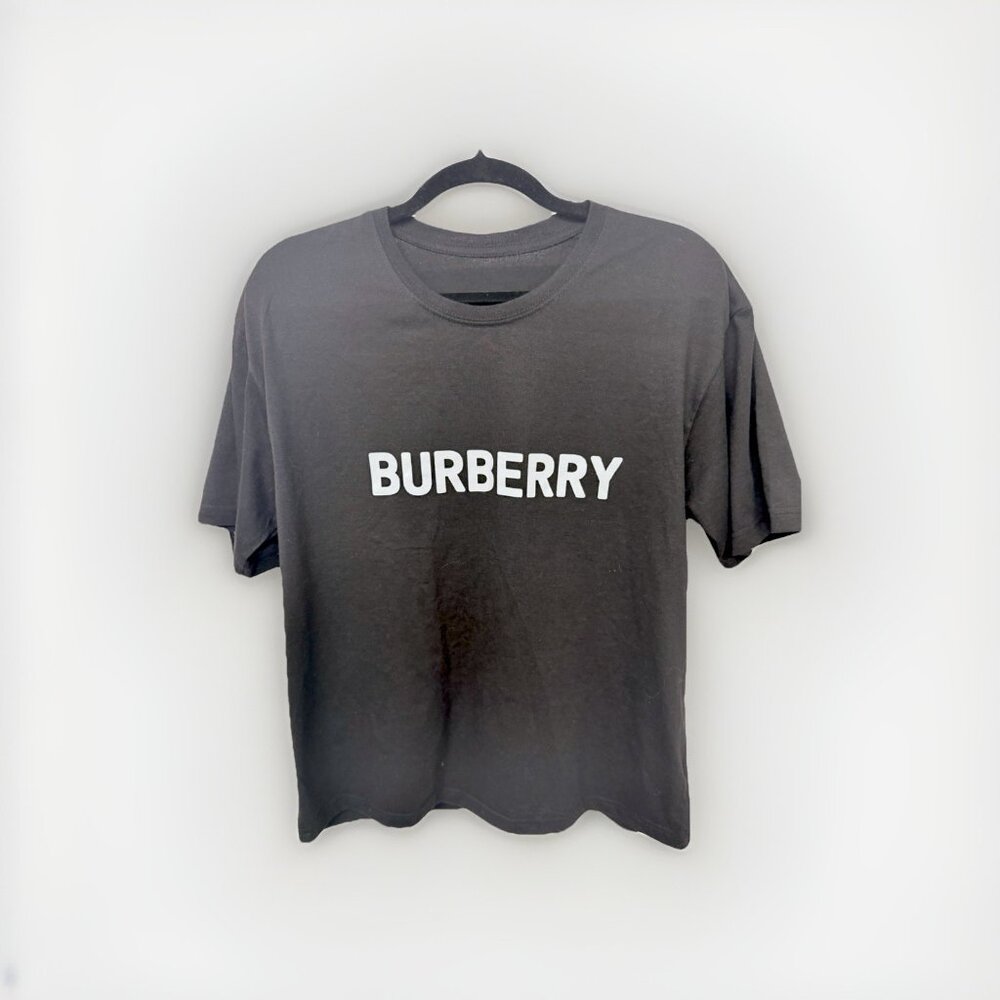 Men’s Black Burberry Shortsleeved Cotton Shirt with White Letter Logo Size L - Picture 1 of 2